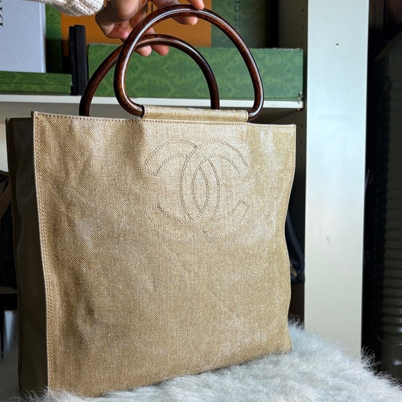 CHANEL Handbags - CHANEL Beige Tote with Wooden Handles